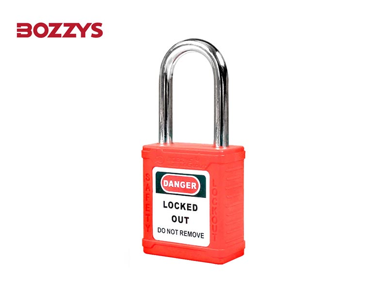 Candado de bloqueo BOZZYS BD-G01, arco 38 mm rojo; vista oficial íntegra del fabricante.