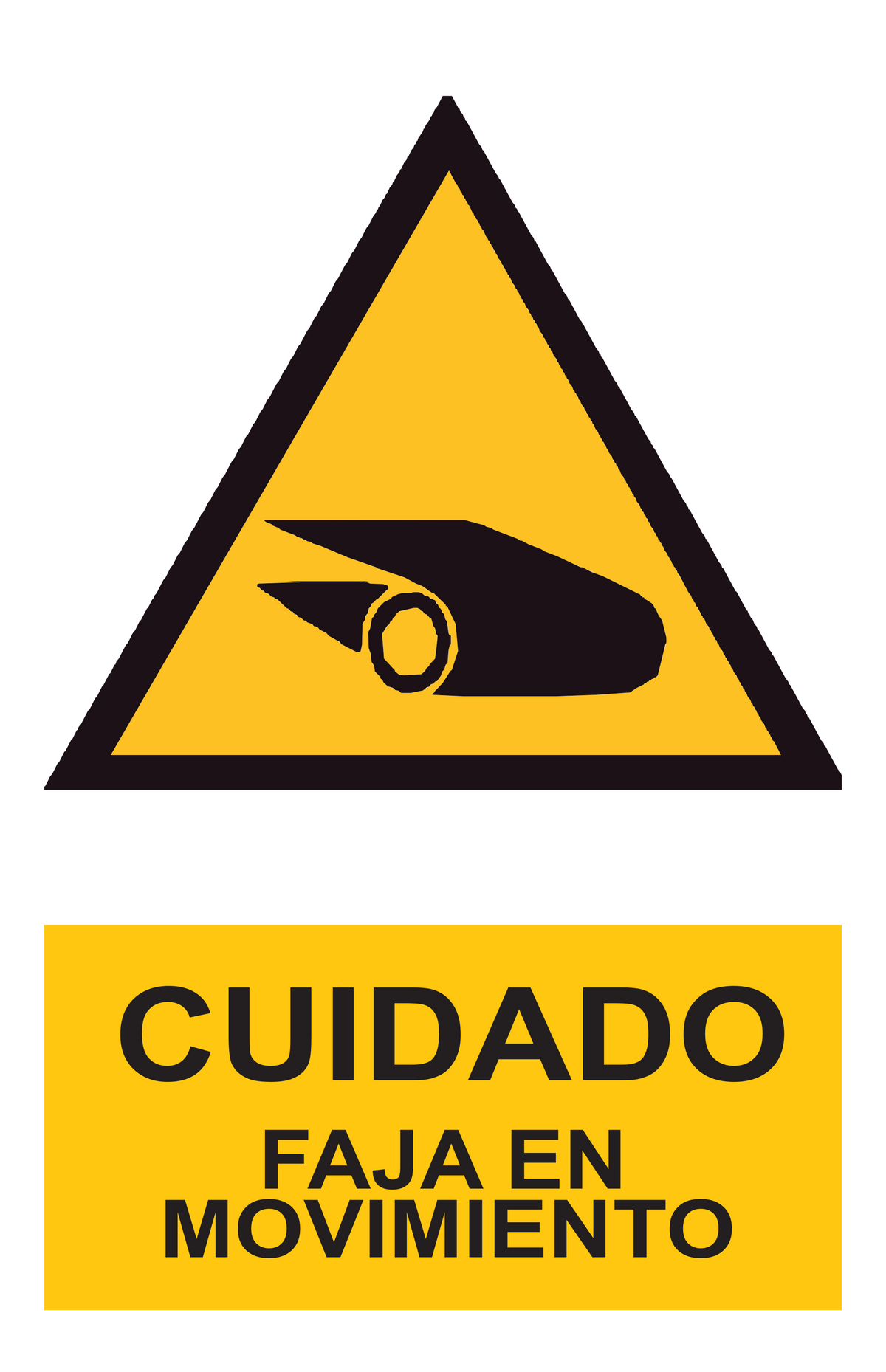 Señal de seguridad: cuidado faja en movimiento — con texto
