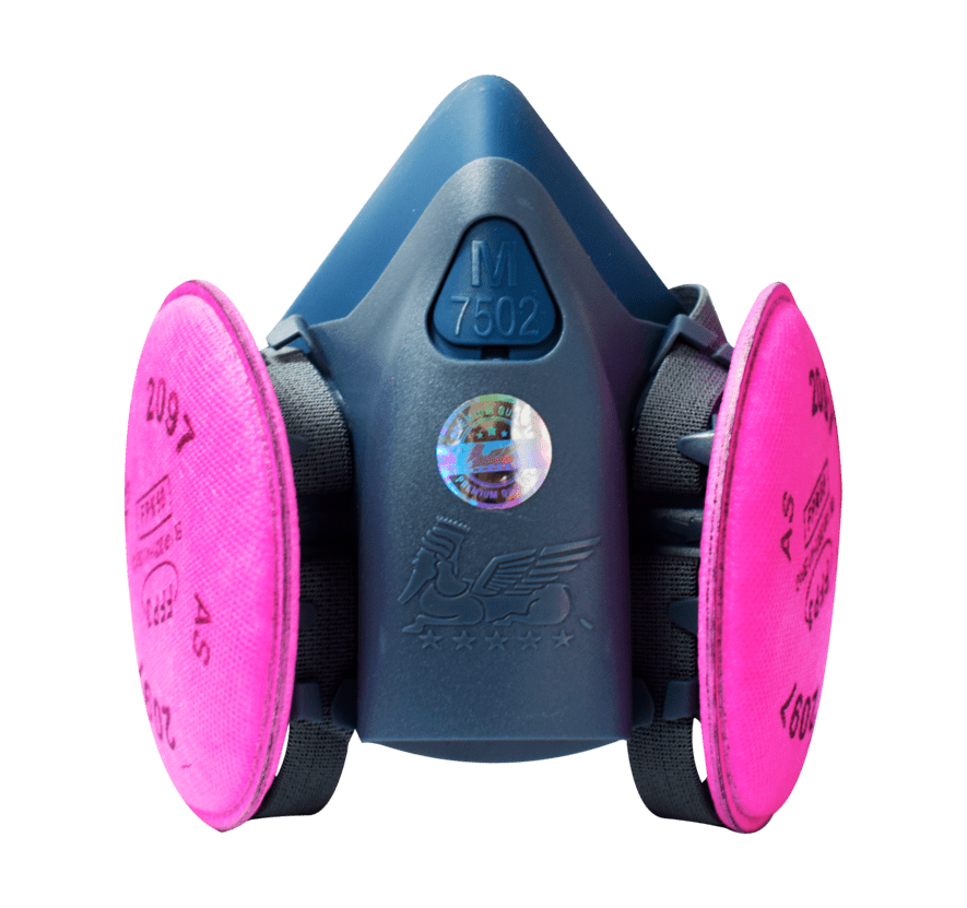 Respirador ASA azul de silicona con dos filtros rosados 2097