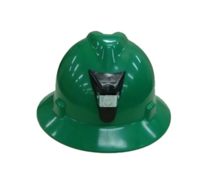 Carcasa exterior familiar MSA V-Gard minero verde con portalámpara; la suspensión interior One Touch de la referencia286437 no se representa en esta vista