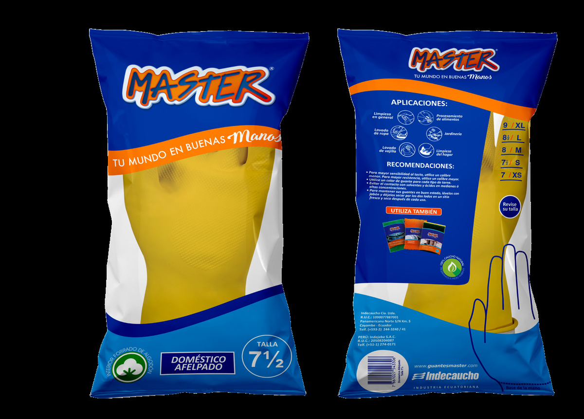 Guante doméstico afelpado Master amarillo, imagen de su envase original