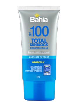 Bahía Total Sunblock SPF100 en tubo de 120 g, fotografía nativa referencial para la familia