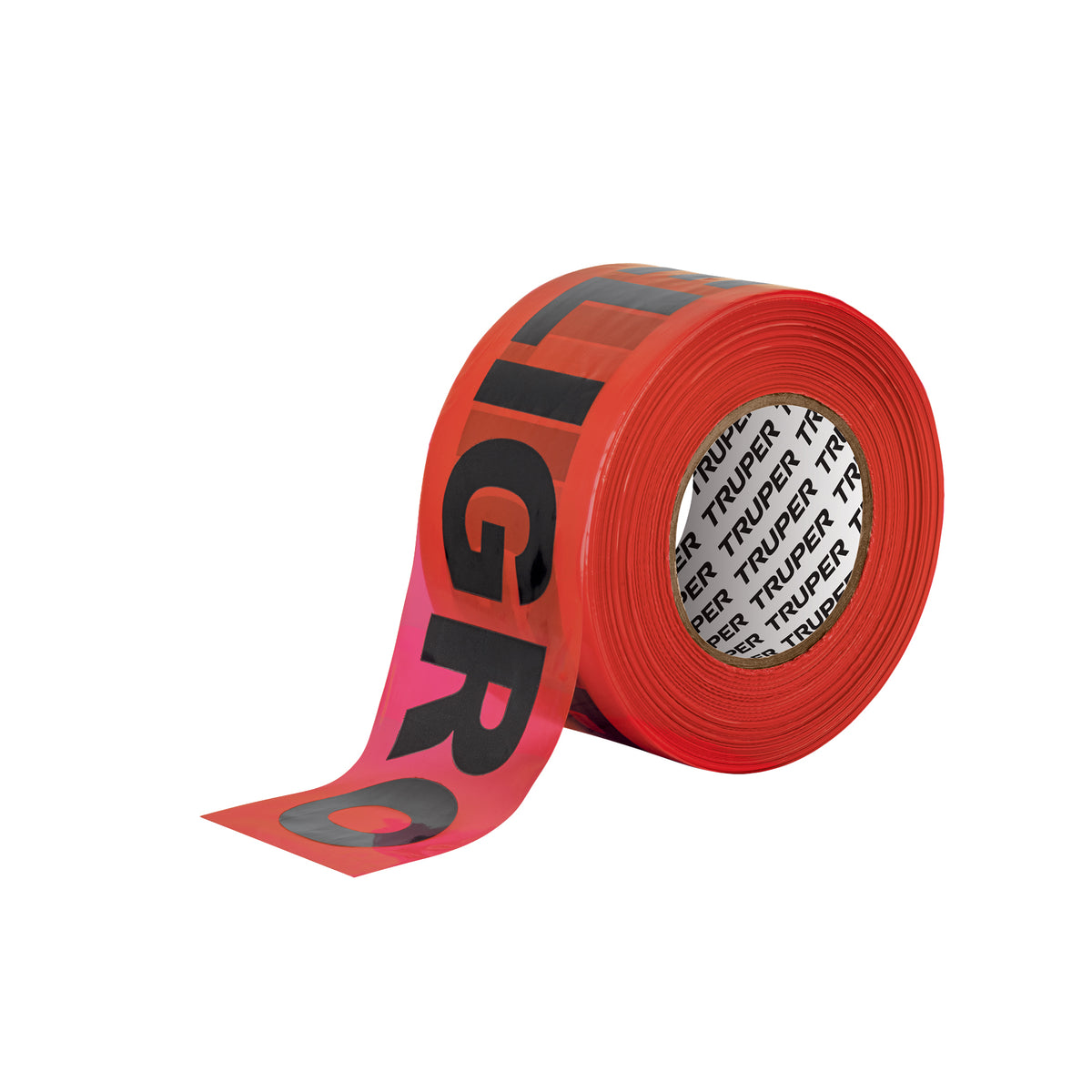 Rollo rojo de cinta delimitadora Truper 12585 con leyenda PELIGRO negra.