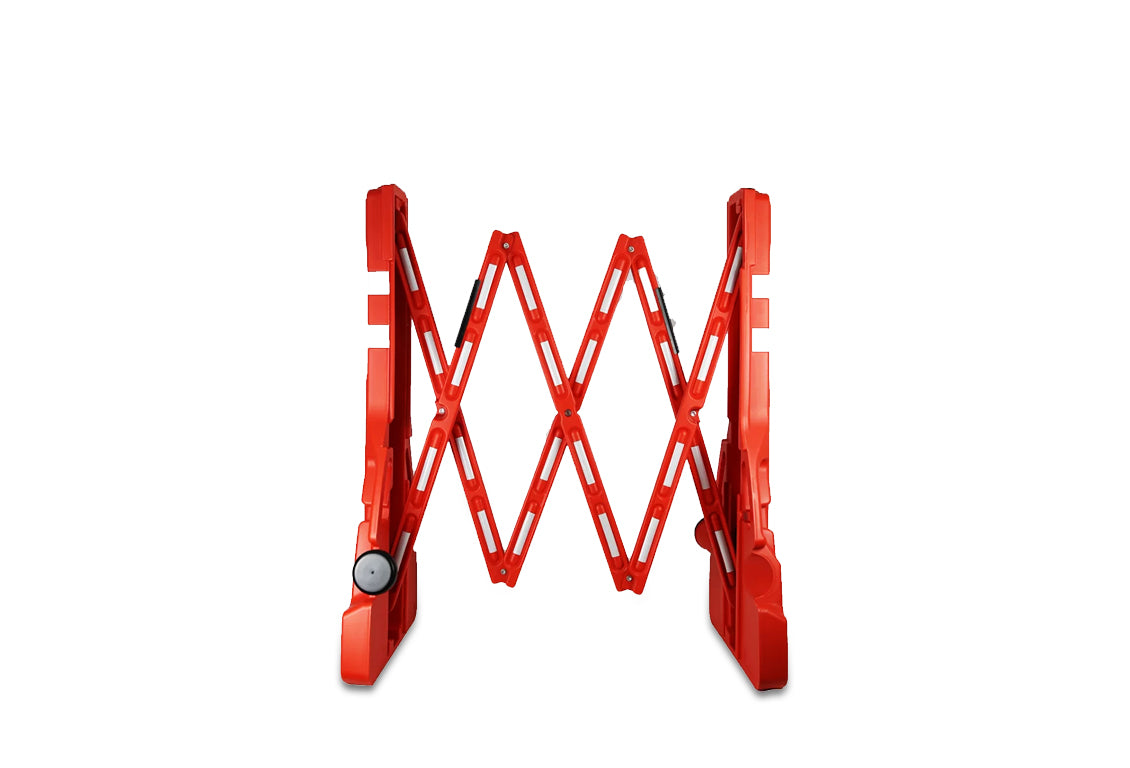 Barrera roja expandible autoempacable Roadsafe SLE-RB03; vista referencial de la configuración plegable
