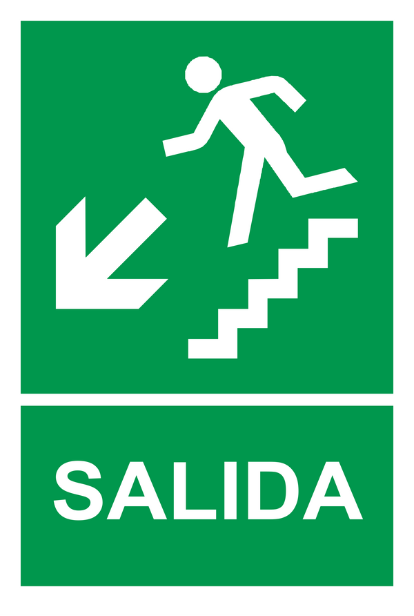 Señal de seguridad: ruta de evacuación — escalera descendente hacia la izquierda