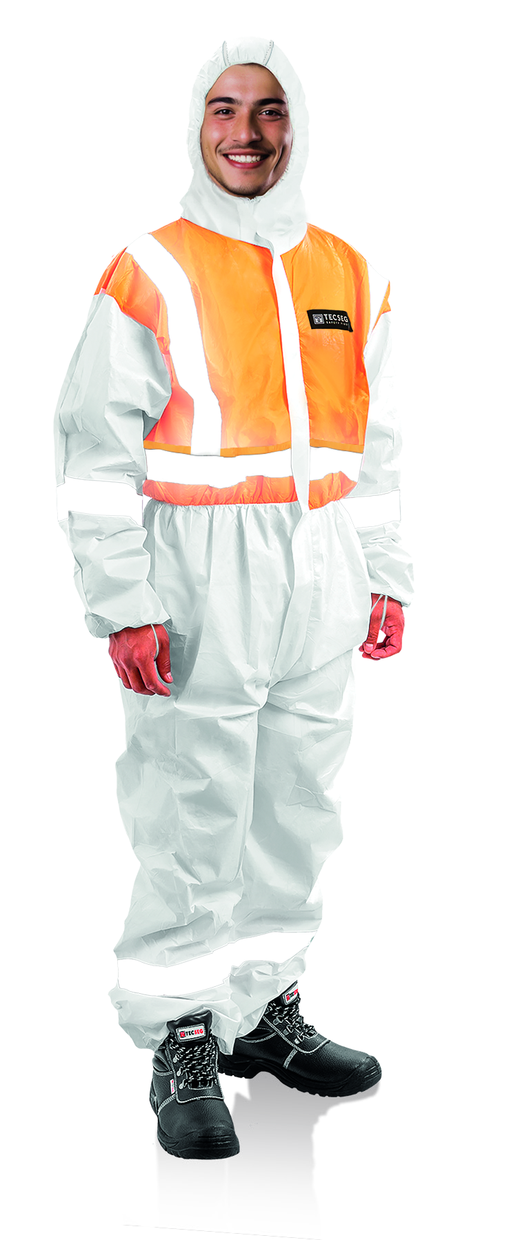 Traje Tecseg TSG20BC blanco y naranja con cintas reflectivas, imagen original de aplicación sobre persona; guantes y calzado no incluidos