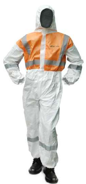 Traje TECSEG TSG15BC blanco y naranja con cintas reflectivas, imagen de aplicación; calzado no incluido