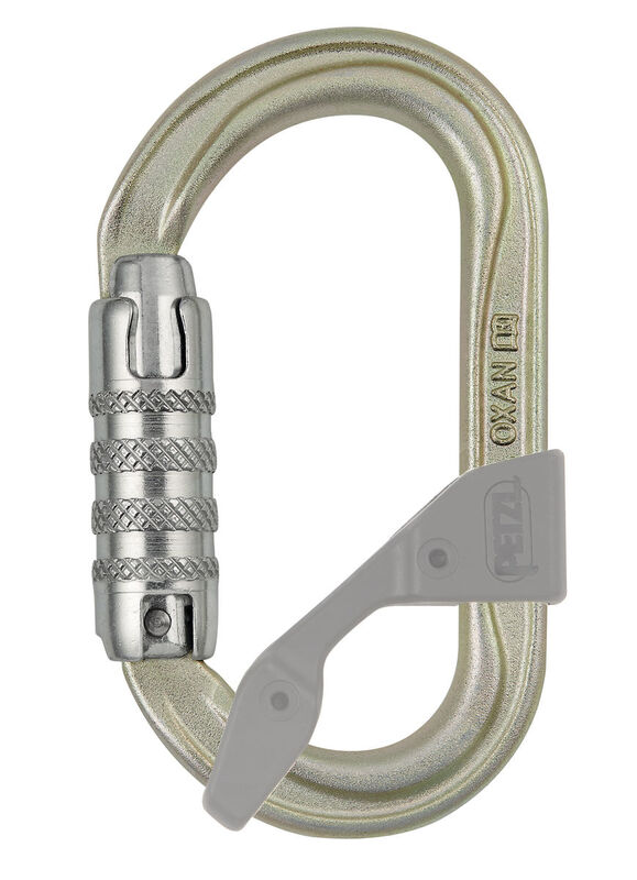 Mosquetón Petzl OXAN TRIACT-LOCK dorado con barra CAPTIV ilustrativa; la barra no forma parte del SKU del mosquetón.