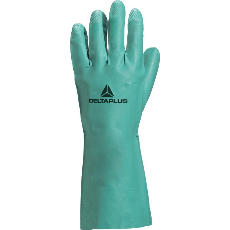 Guante Delta Plus Nitrex VE802 verde; fotografía original del fabricante, talla de familia ilustrativa