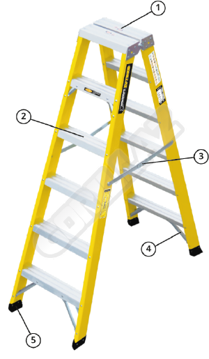 Escalera GORILLAZ tipo tijera de doble acceso, imagen técnica familiar referencial; pasos segúnSKU