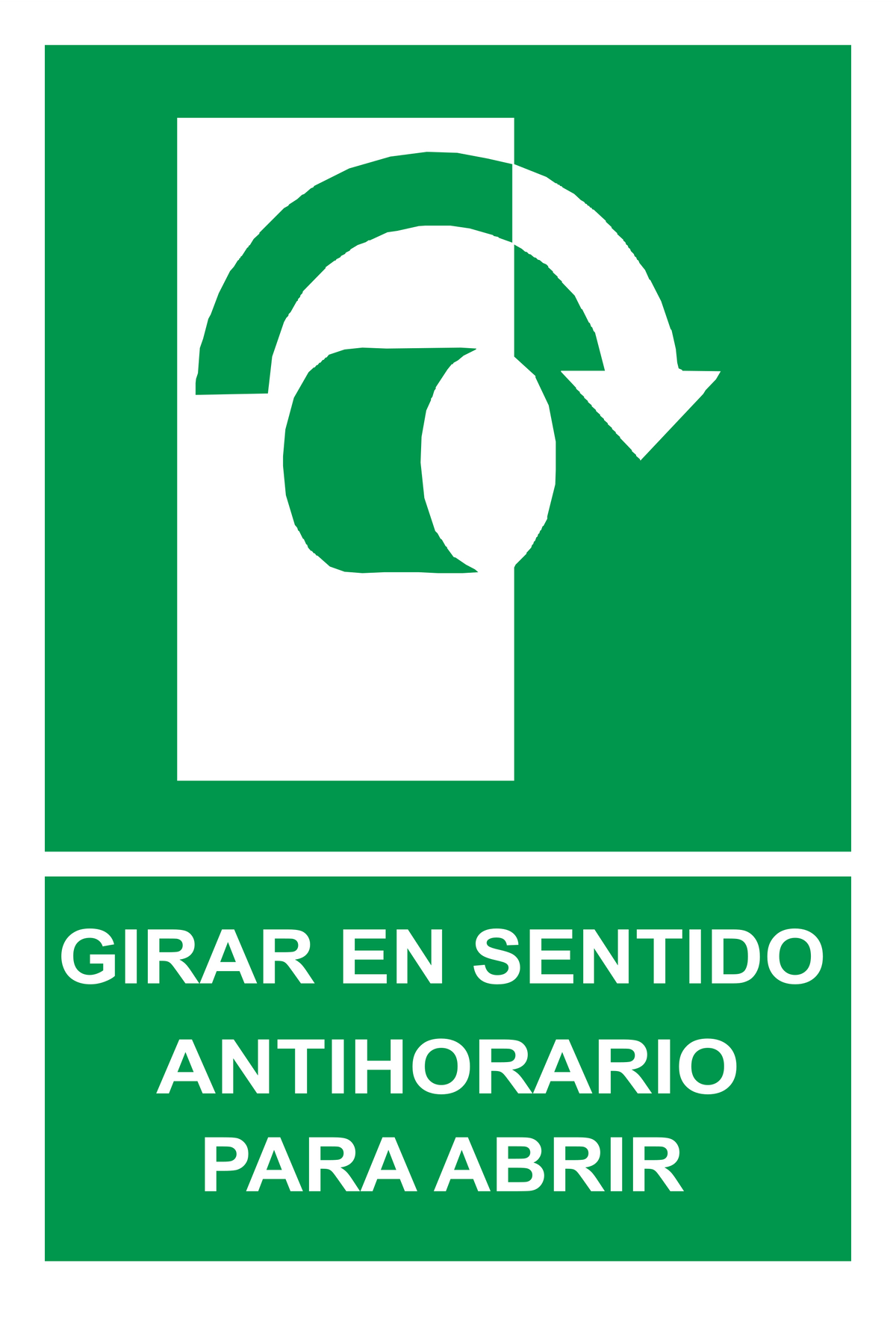 Señal de seguridad: girar en sentido antihorario para abrir — con texto