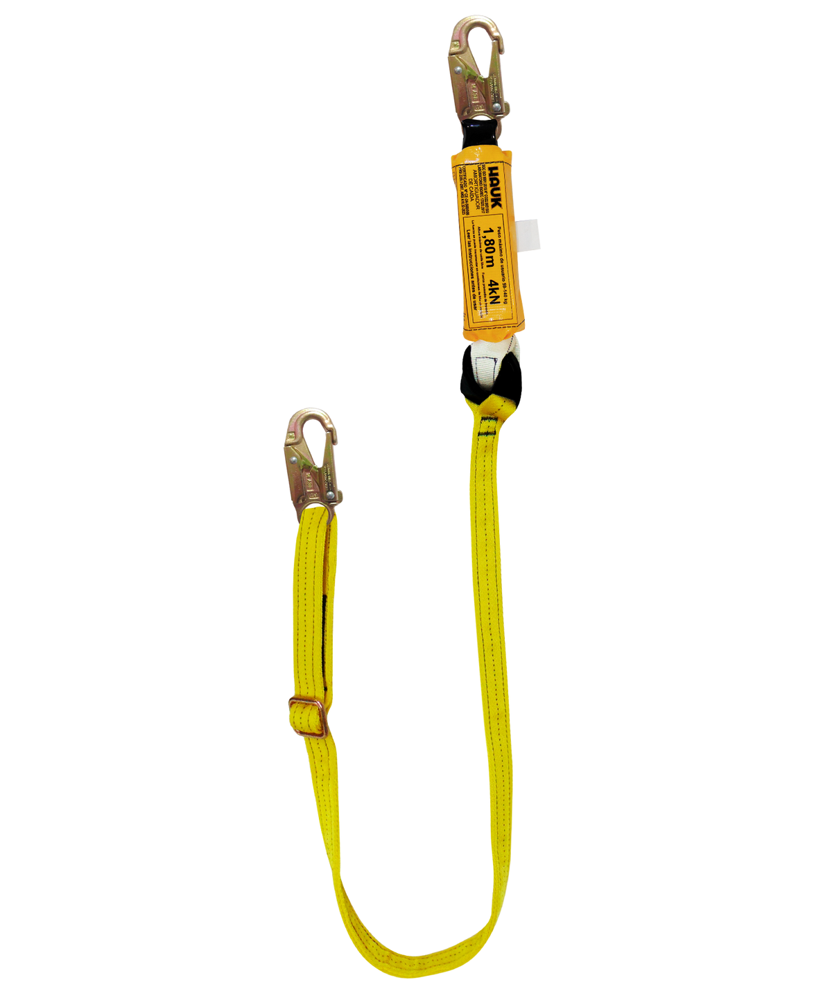Línea de vida/conexión regulable, con amortiguador de caída factor 1, de cinta poliéster y dos ganchos de 3/4″ Hauk DN1PR; fotografía del producto