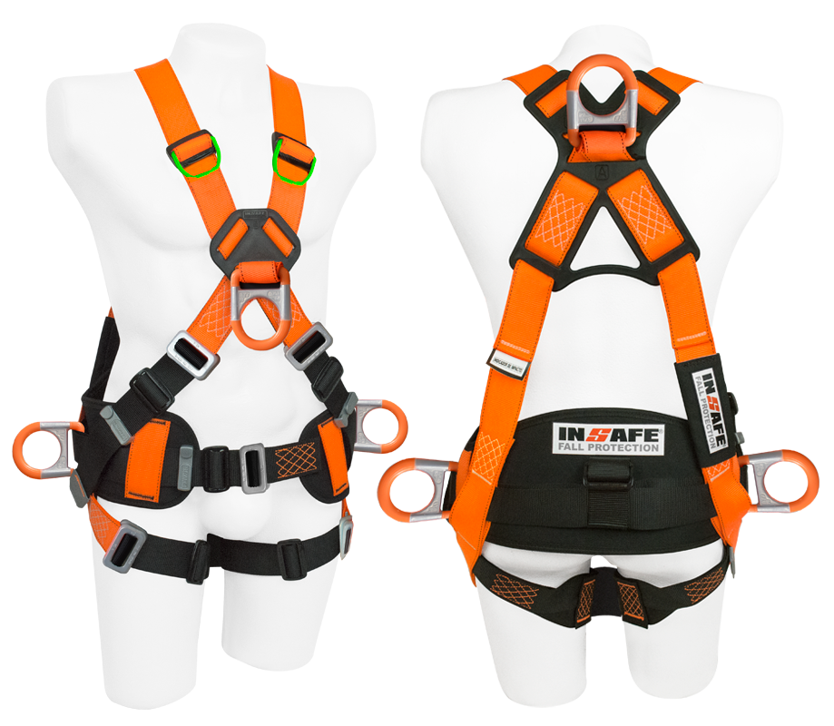 Arnés INSAFE IN 8004-1 de cuatro argollas con soporte lumbar, vista frontal y dorsal