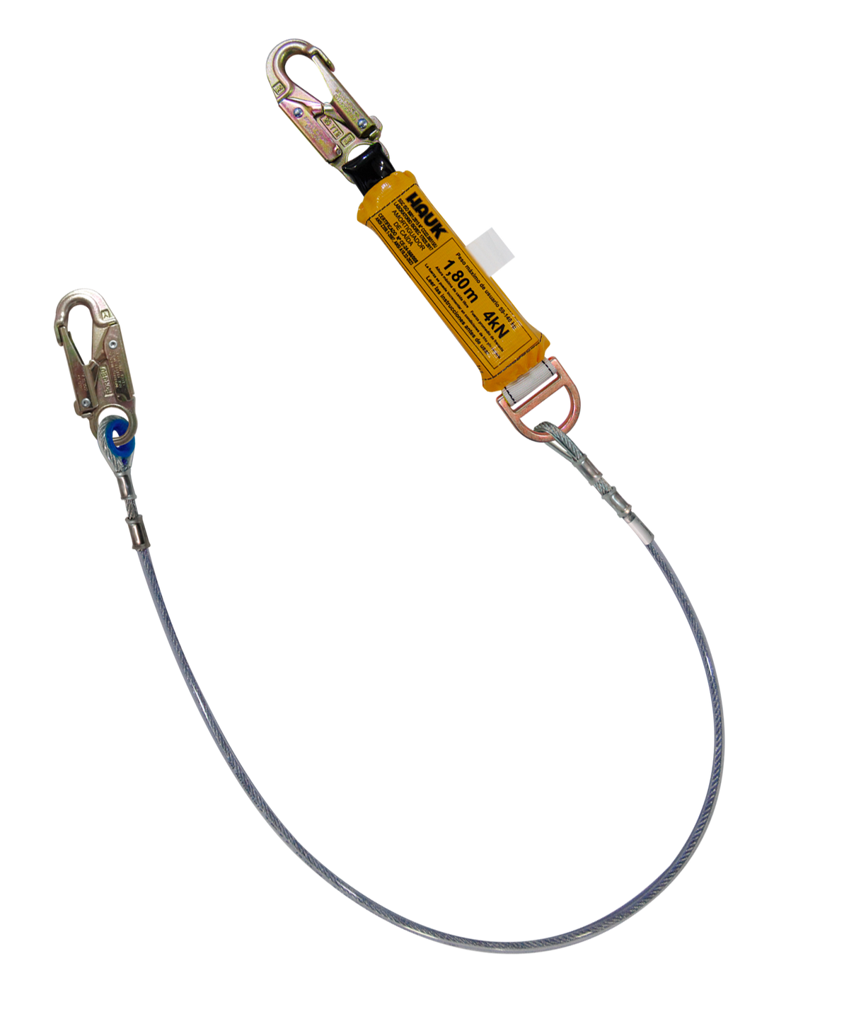 Línea de vida/conexión, con amortiguador de caída factor 1, de cable de acero de 1/4″ y dos ganchos de 3/4″ Hauk DF1P; fotografía del producto
