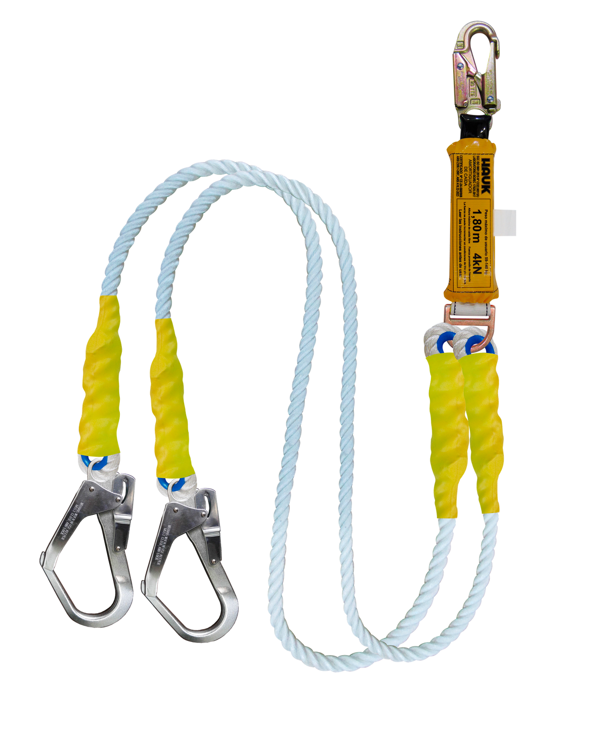 Línea de vida/conexión doble, con amortiguador de caída factor 1, de cabo torcido de nylon/poliéster de 5/8″, un gancho de 3/4″ y dos ganchos de 2 1/4″ Hauk DC2G; fotografía del producto