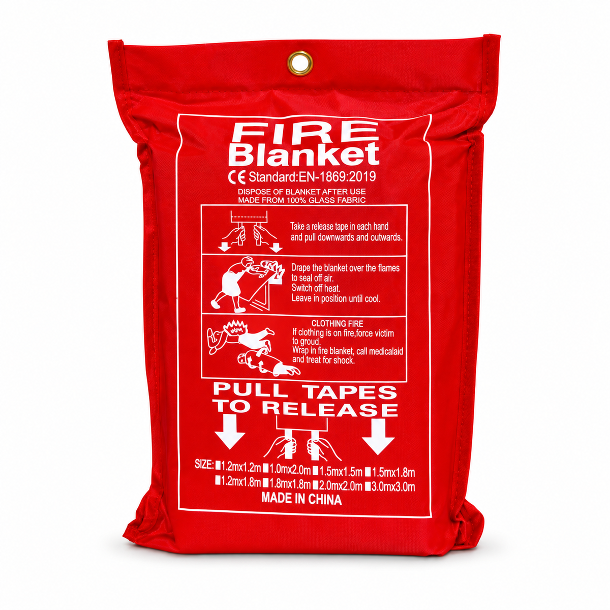 Bolsa roja de la familia de mantas StrongGuard; presentación ofertada 1,50 × 1,50 m, manta blanca dentro de la bolsa