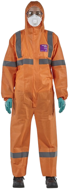 Traje Ansell AlphaTec 1500 Standard modelo 113 naranja reflectante; fotografía original de familia, otros EPP visibles no incluidos; talla ilustrada no identificada