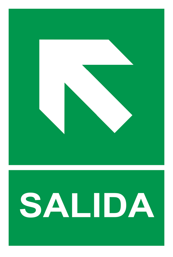 Señal de seguridad: ruta de evacuación — diagonal superior izquierda