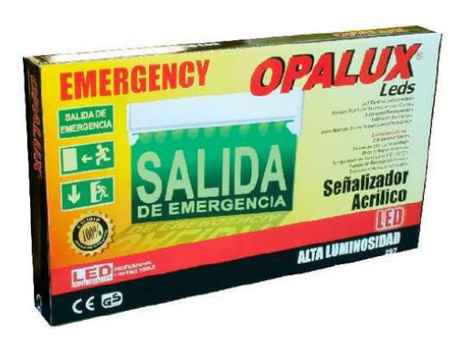 Caja original referencial del señalizador acrílico Opalux con imagenSALIDA de emergencia; configuración familiar