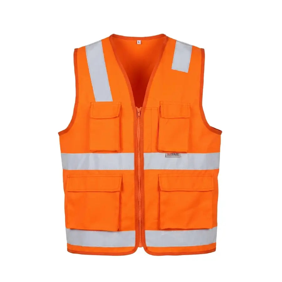 Chaleco drill modelo H naranja con bandas reflectivas; imagen referencial de formato