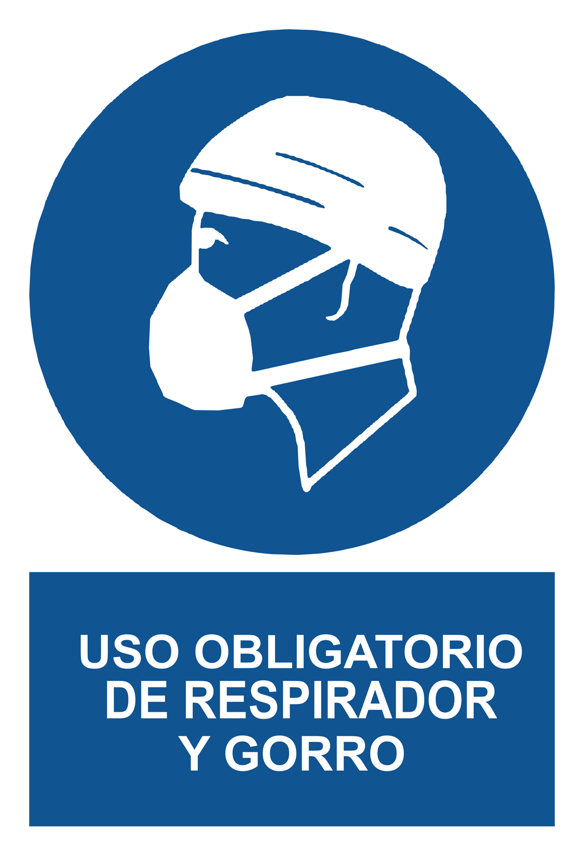 Señal de seguridad: uso obligatorio de respirador y gorro — con texto