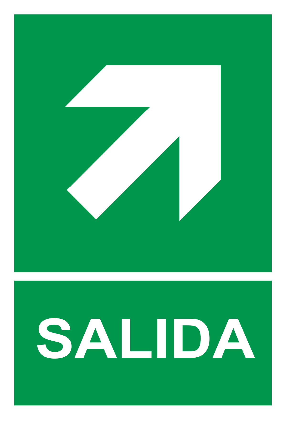 Señal de seguridad: ruta de evacuación — diagonal superior derecha — con texto