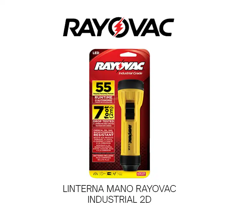 Linterna Rayovac Industrial de mano con dos pilas D, imagen de la familia en amarillo
