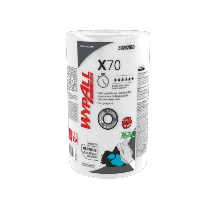 Rollo WypAll X70 de 88 paños para limpieza industrial, empaque de marca