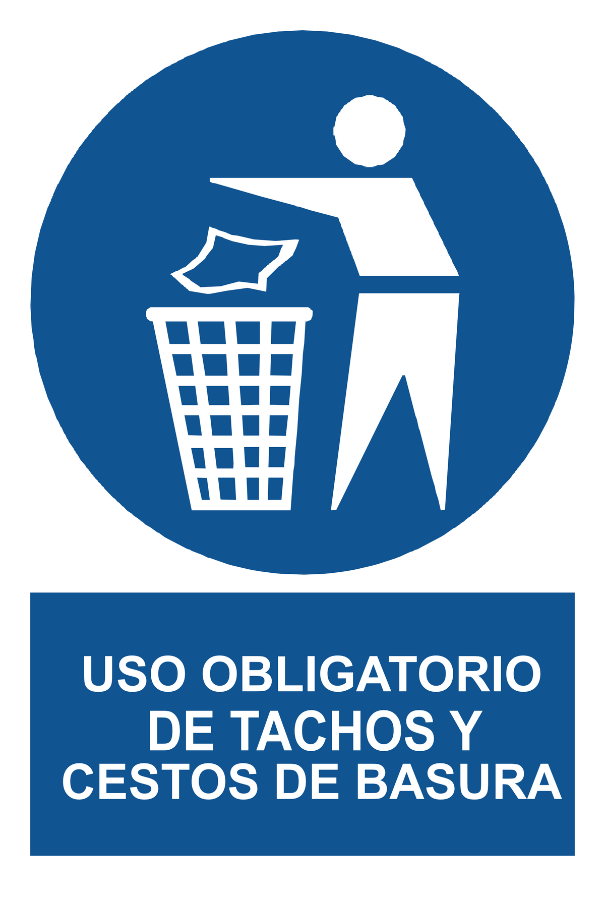 Señal de seguridad: uso obligatorio de tachos y cestos de basura — con texto