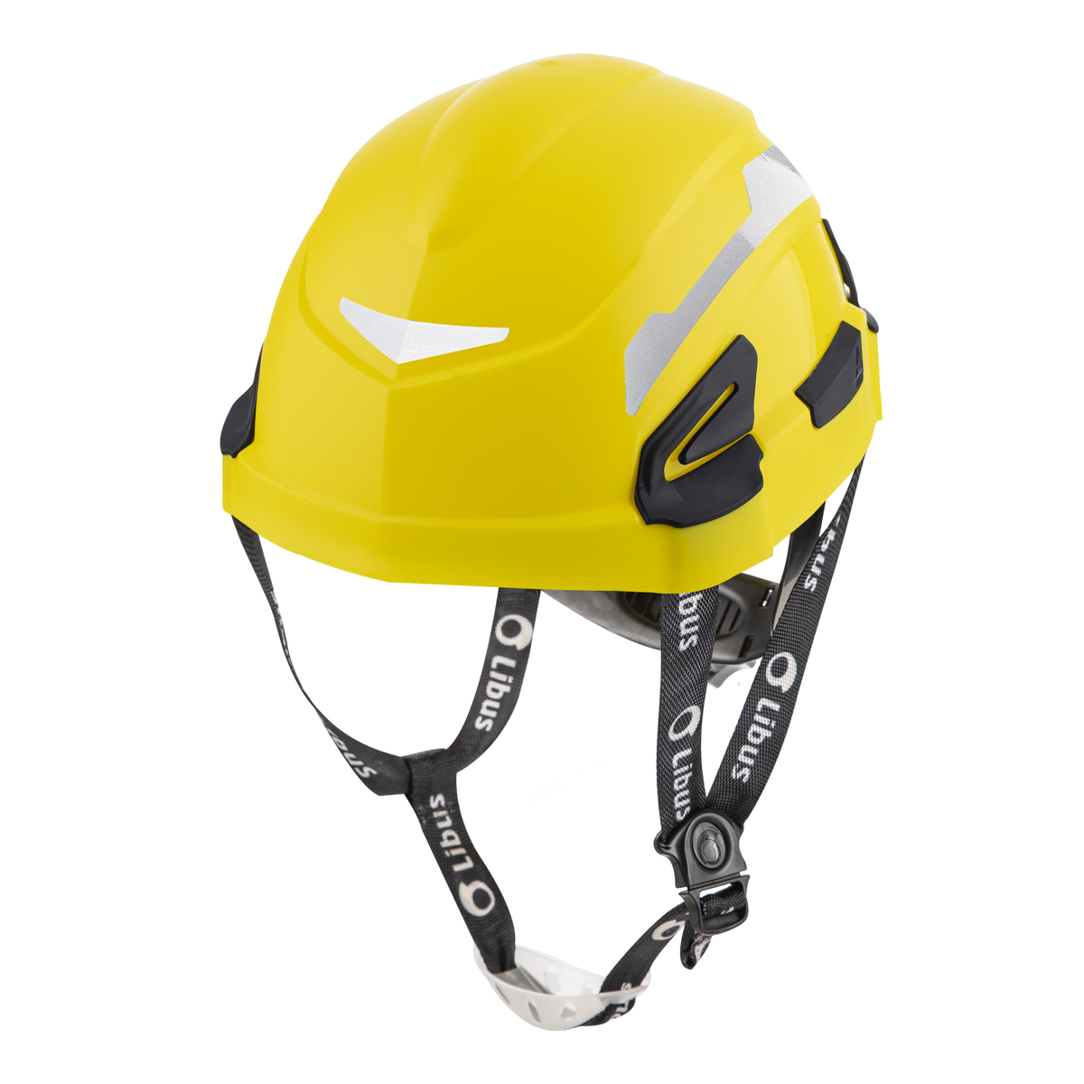 Casco LIBUS ANDES amarillo con mentonera; fotografía familiar referencial con reflectivos montados