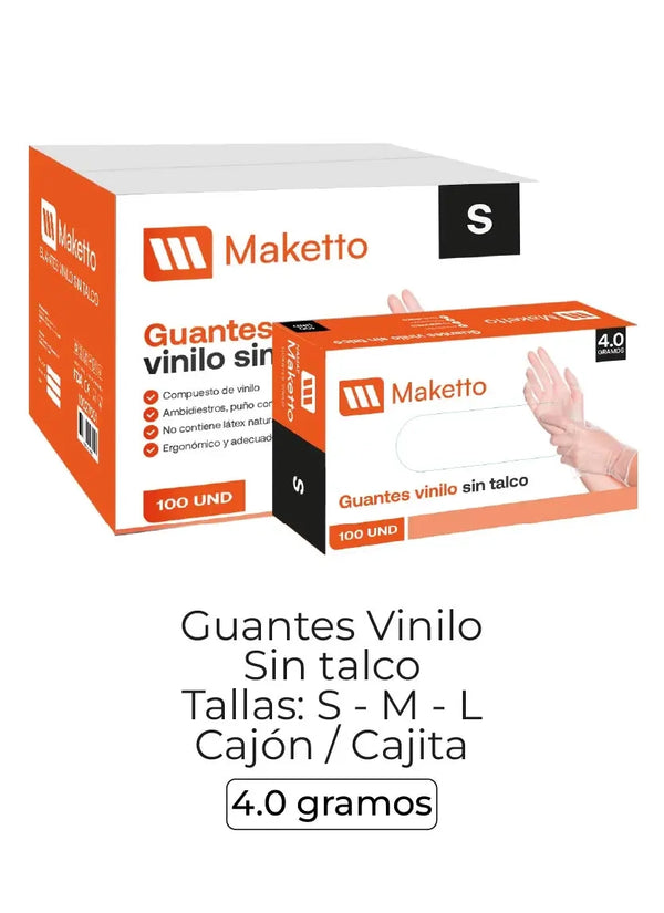 Guantes de vinilo sin talco Maketto 4.0 g x 100 unidades