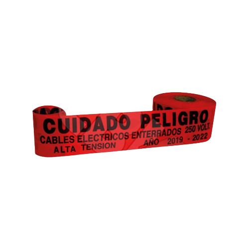Cinta roja con leyenda alta tensión y cables eléctricos enterrados; impresión comercial referencial