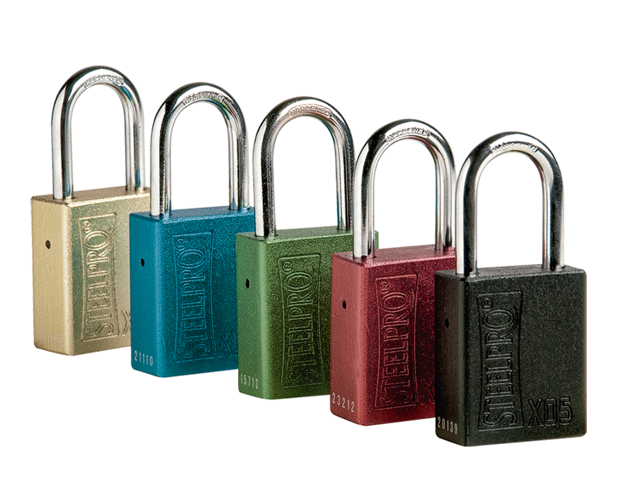 Ejemplos del candado X05 Steelpro en dorado, azul, verde, rojo y negro; venta por unidad y color seleccionado
