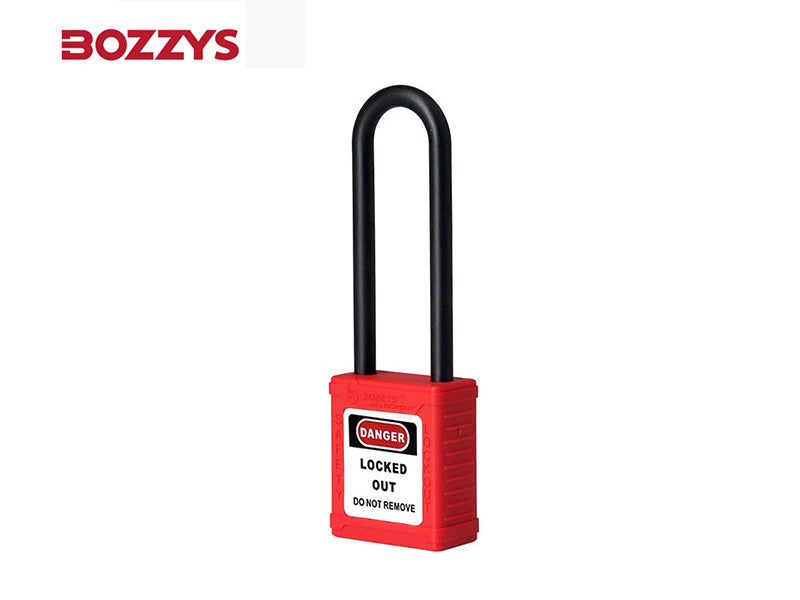Candado de bloqueo BOZZYS BD-G31, arco 76 mm rojo; vista oficial íntegra del fabricante.