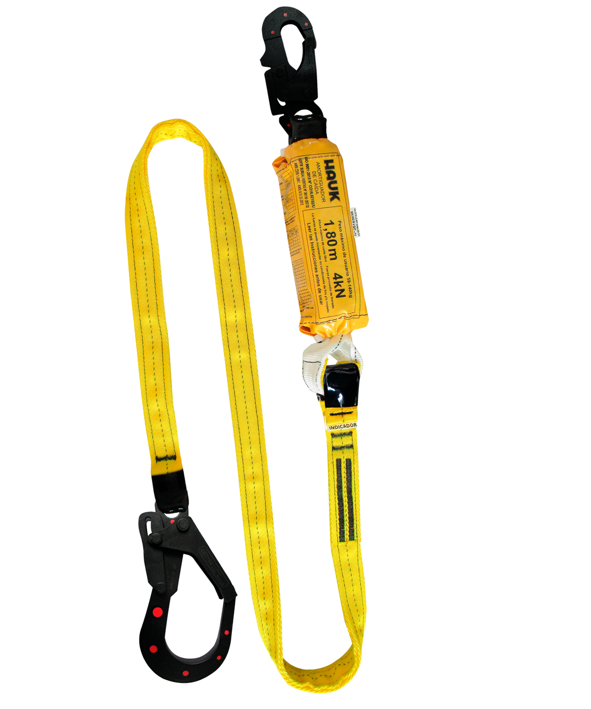 Línea de vida dieléctrica, con amortiguador de caída factor 1, de 1.80 m, un gancho 3/4″ y un gancho de 2 1/4″ Hauk DN1GDDD; fotografía del producto
