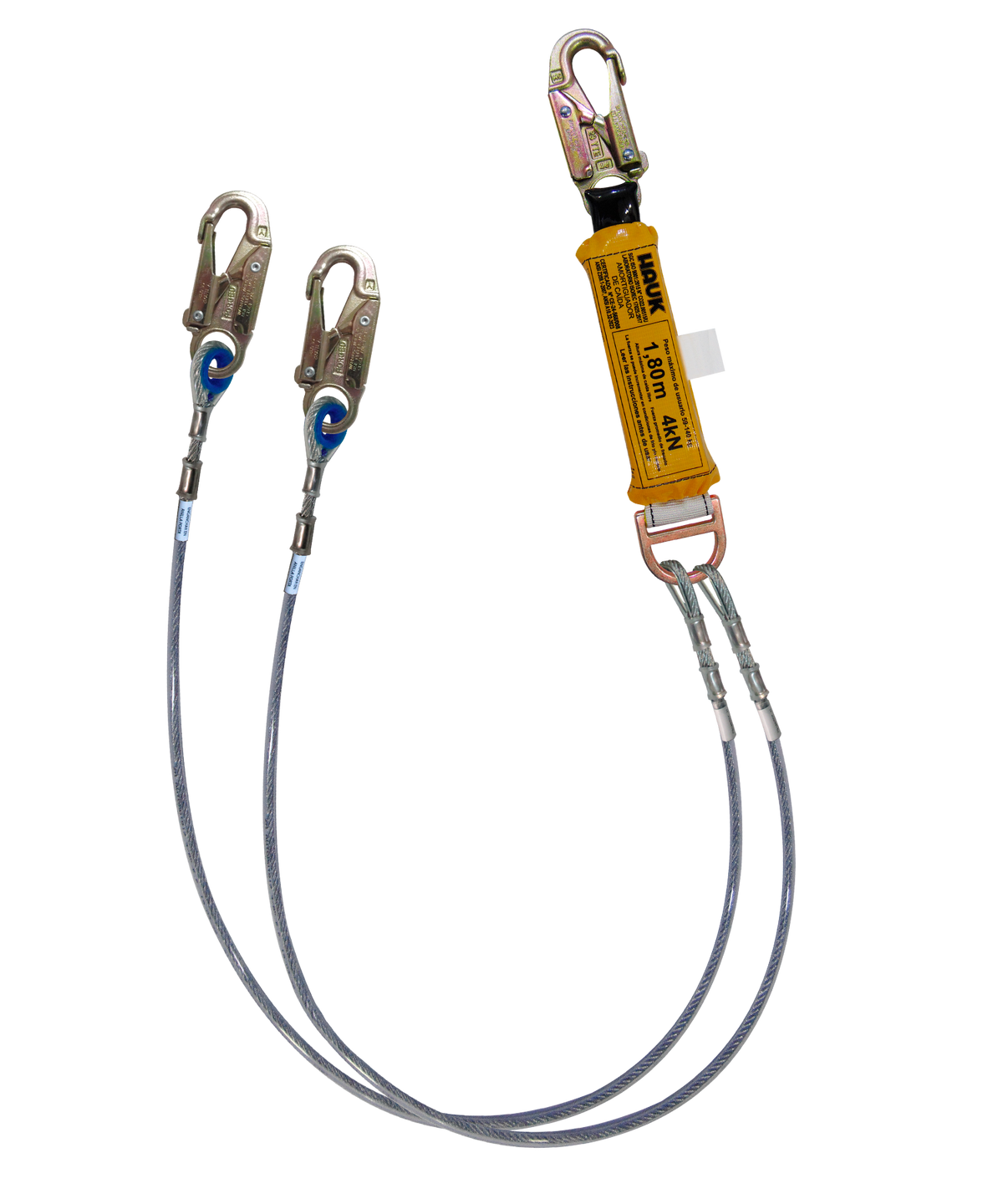 Línea de vida/conexión doble, con amortiguador de caída factor 1, de cable de acero de 1/4″ y tres ganchos de 3/4″ Hauk DF2P; fotografía del producto