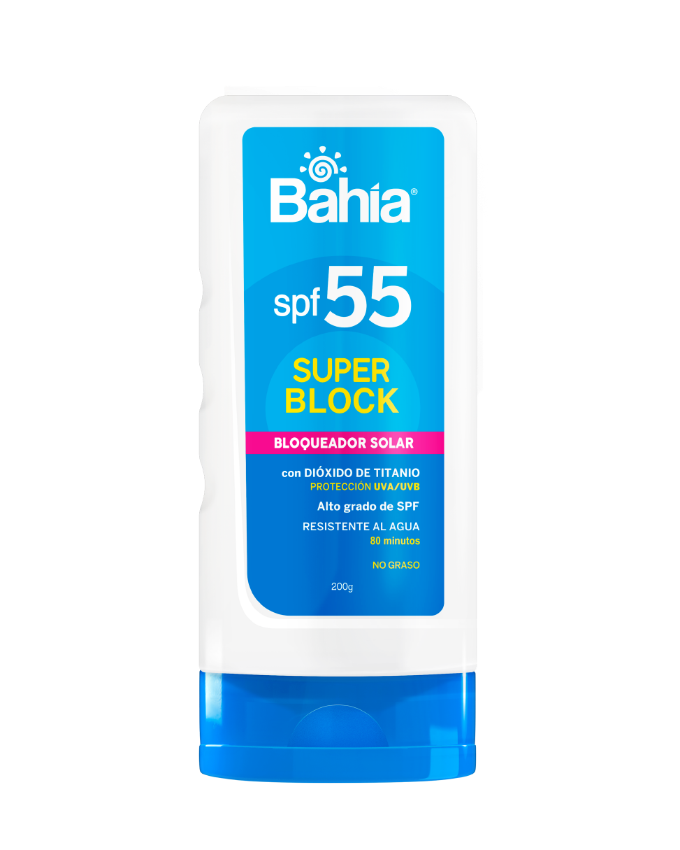 Bahía Super Block SPF55 en tubo de 200 g, fotografía nativa referencial para la familia
