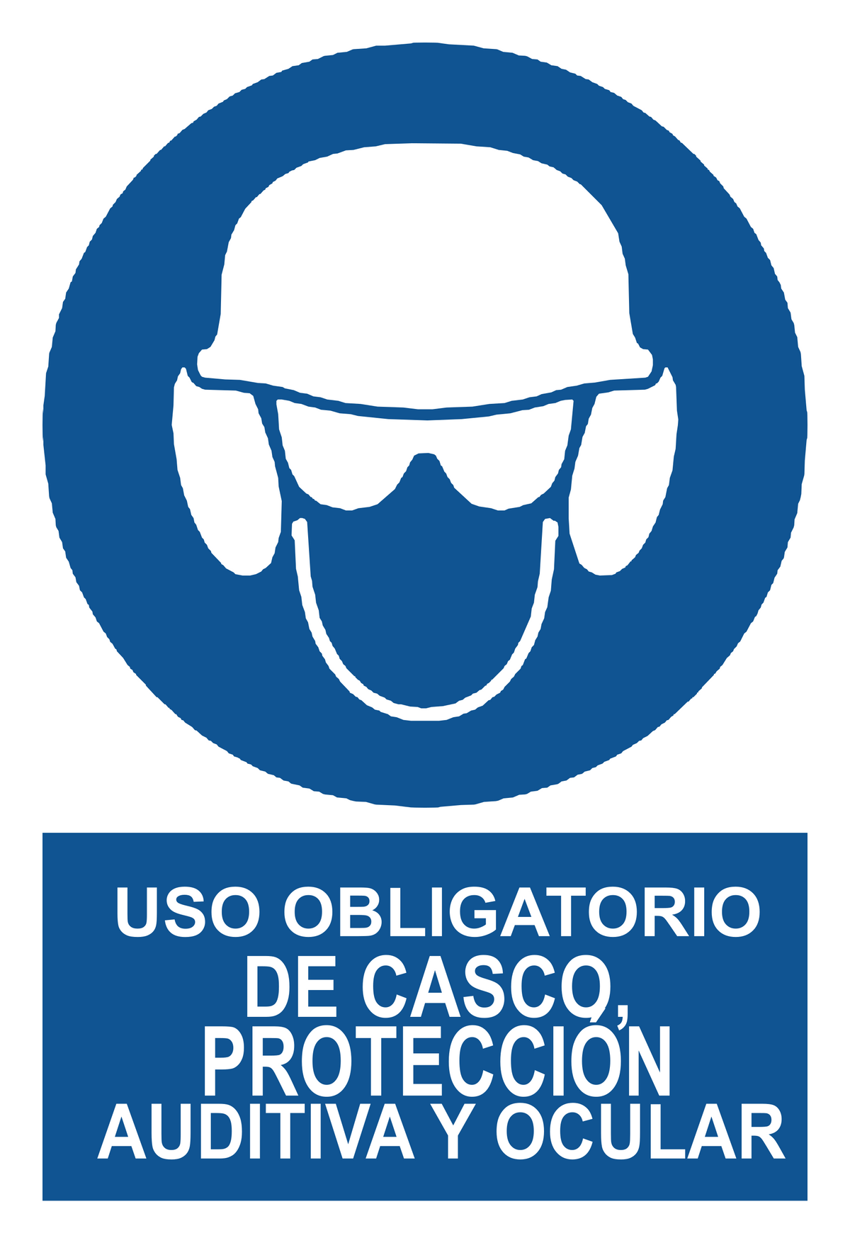 Señal de seguridad: uso obligatorio de casco, protección auditiva y ocular — con texto