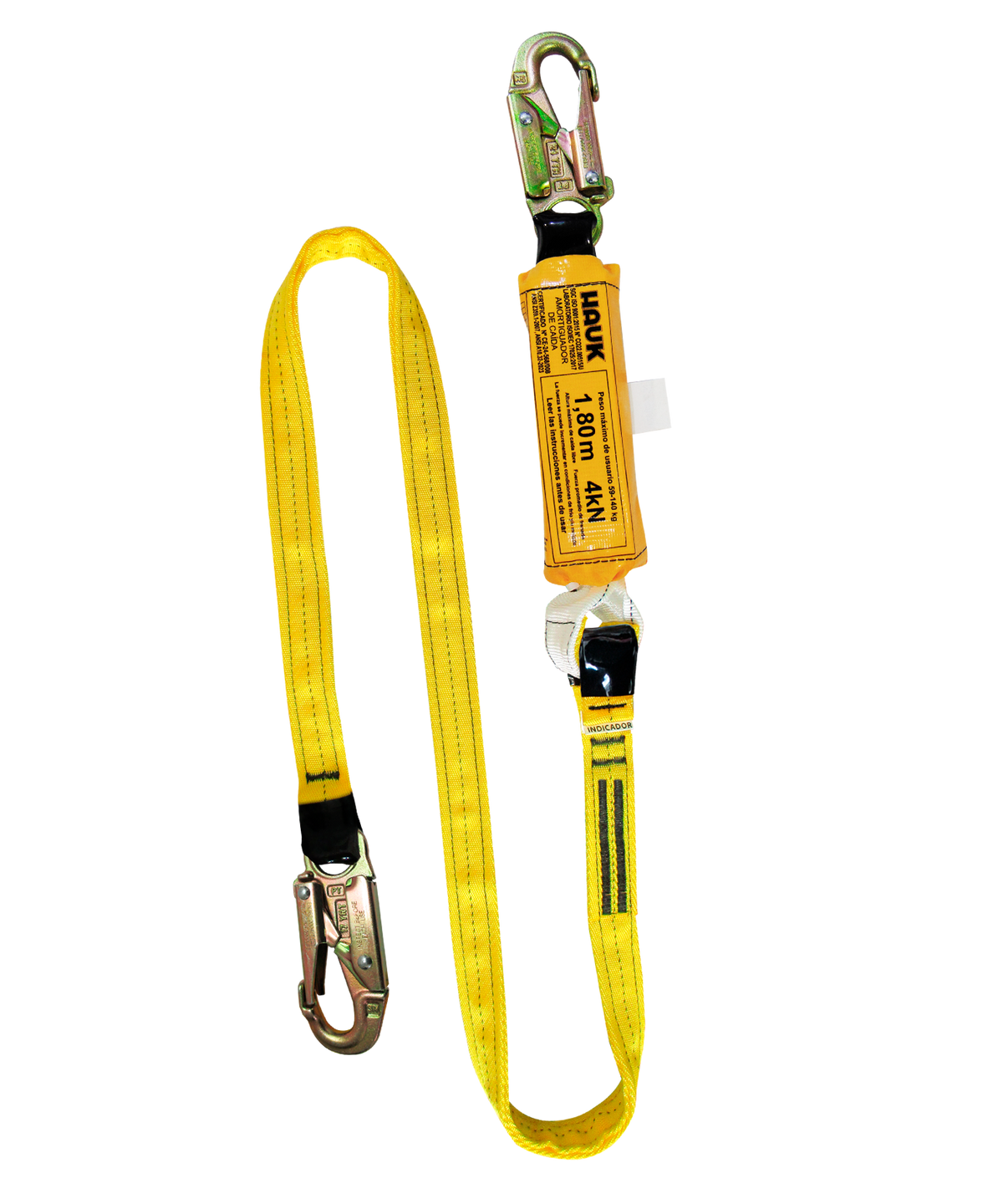 Línea de vida/conexión, con amortiguador de caída factor 1, de cinta poliéster y dos ganchos de 3/4″ Hauk DN1P; fotografía del producto