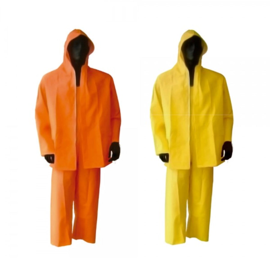 Familia de set Clute de casaca y pantalón impermeable, amarillo a la derecha y naranja a la izquierda; se ofrece la variante amarilla.