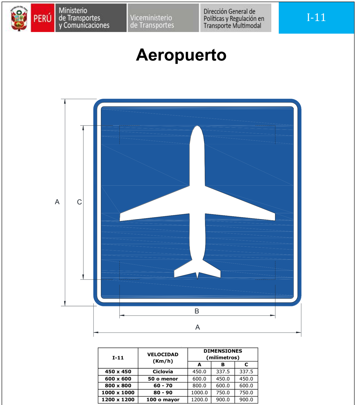 Señal de tránsito Aeropuerto — I-11 — dibujo técnico del manual MTC