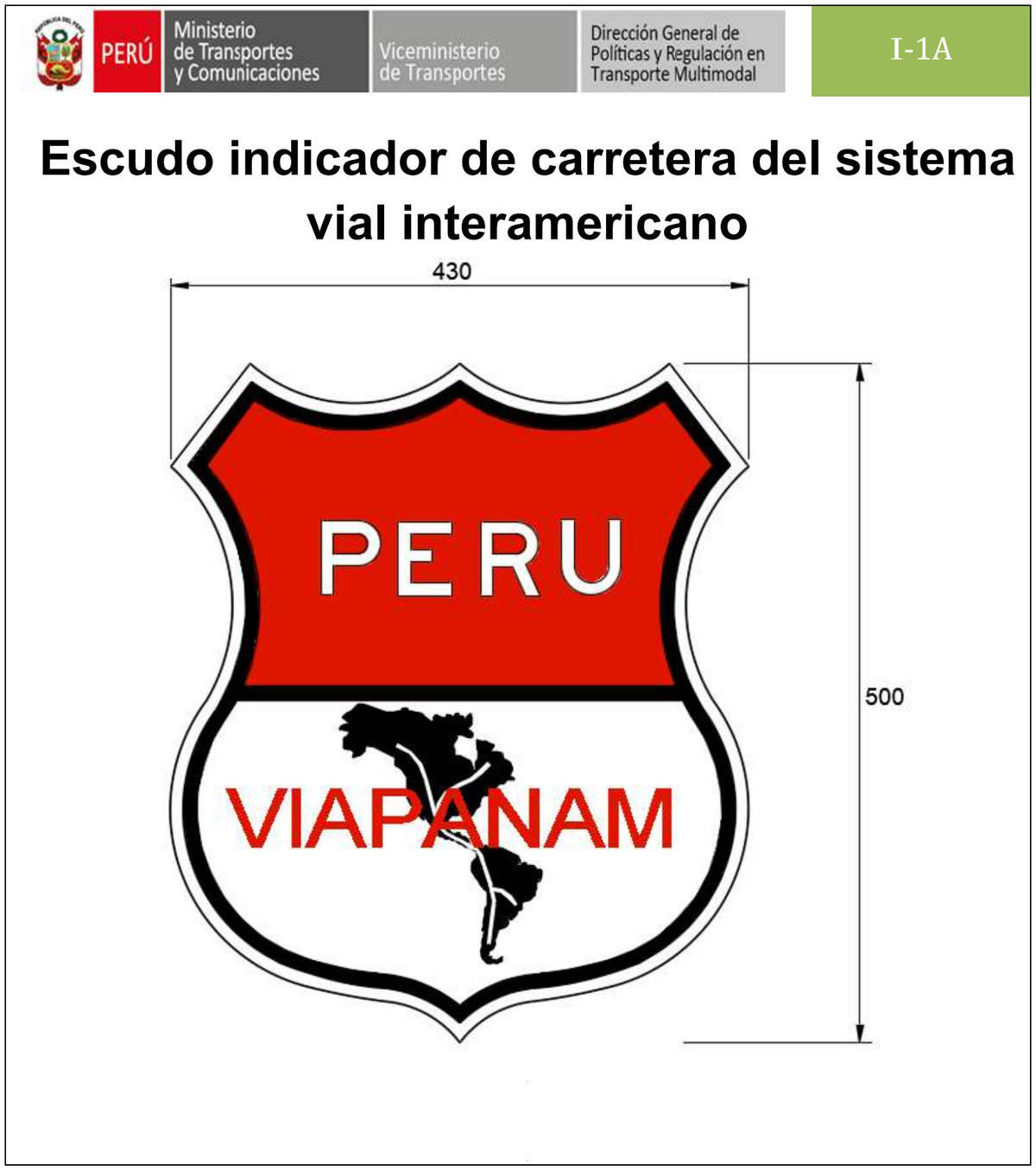 Señal de tránsito Escudo indicador de carretera del sistema vial interamericano — I-1A — dibujo técnico del manual MTC