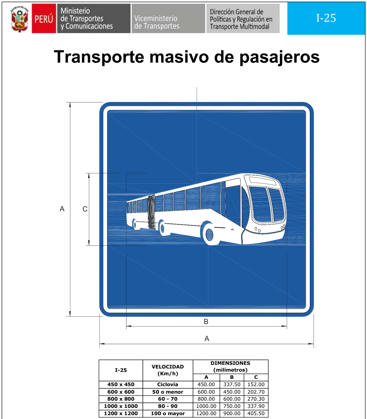 Señal de tránsito Transporte masivo de pasajeros — I-25 — dibujo técnico del manual MTC