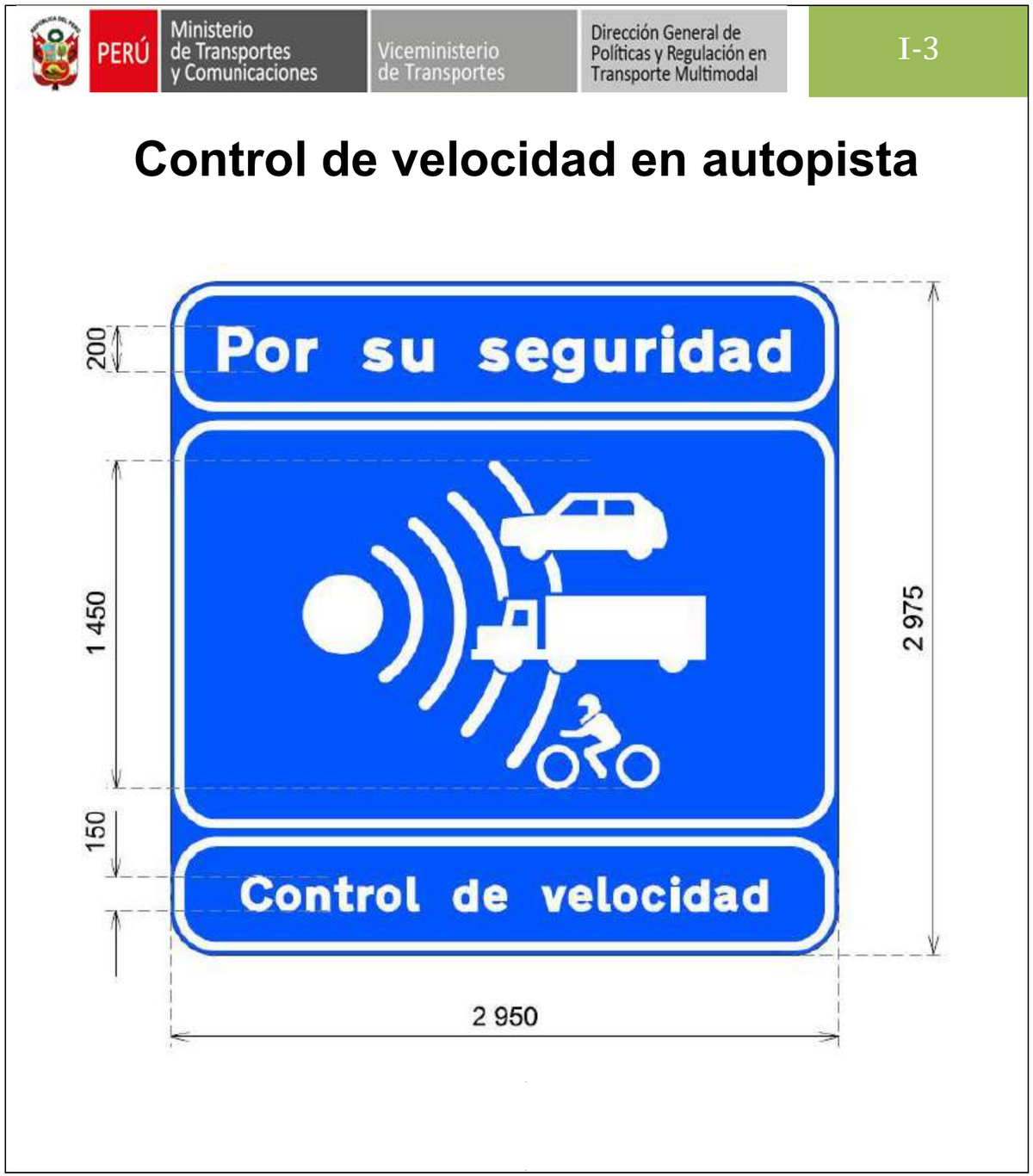 Señal de tránsito Control de velocidad en autopista — I-3 — dibujo técnico del manual MTC