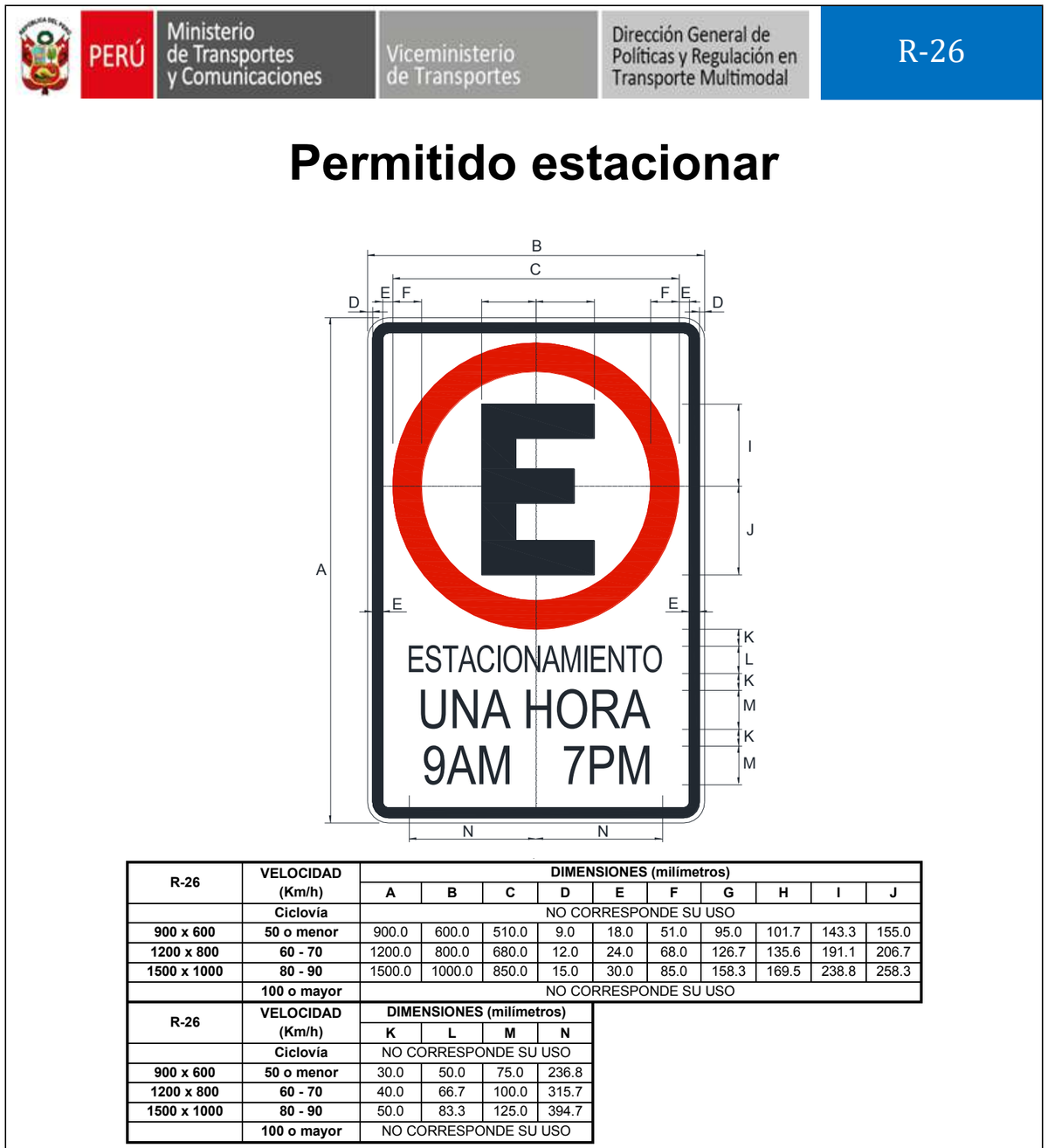 Señal de tránsito Permitido estacionar — R-26 — dibujo técnico del manual MTC