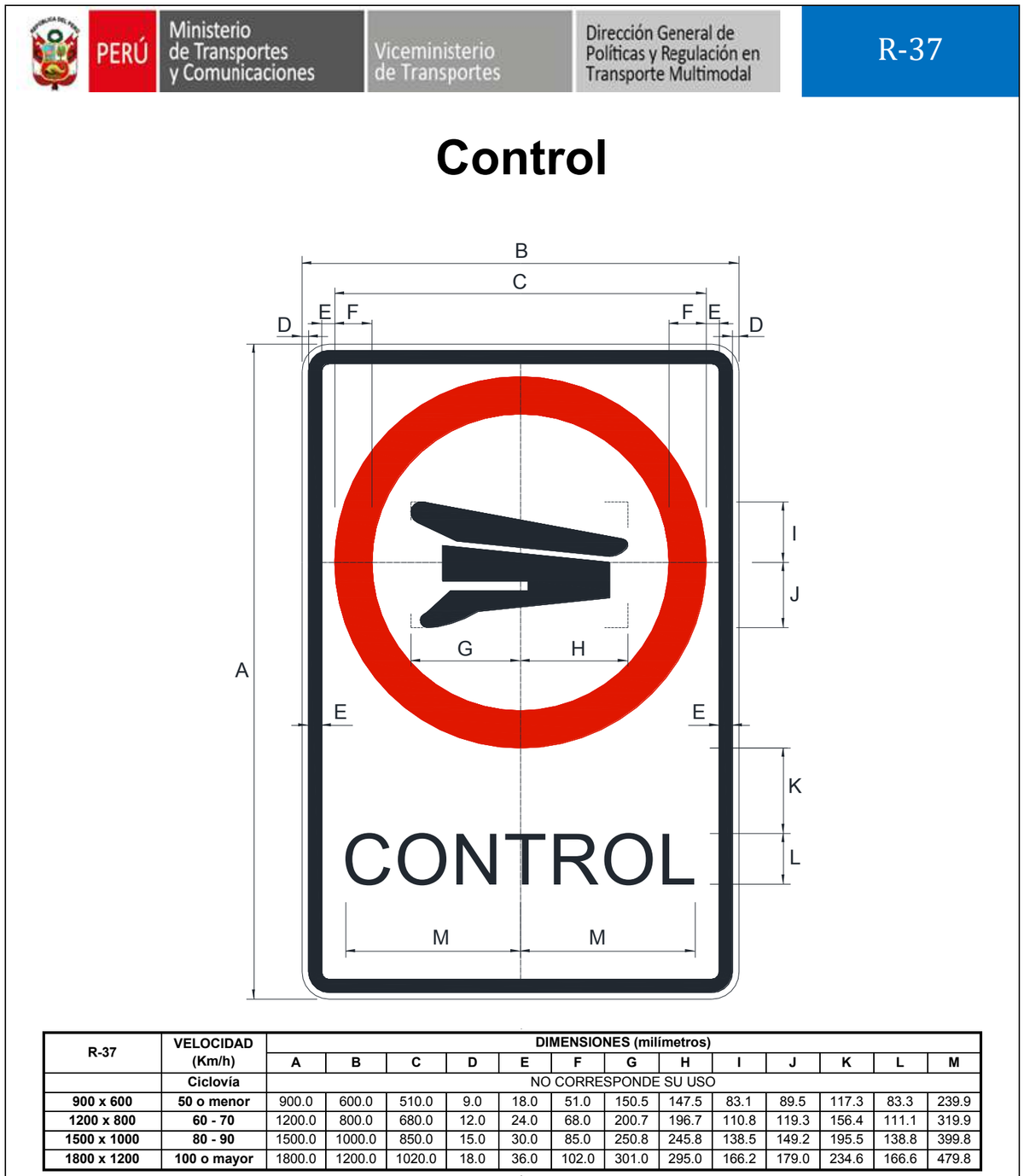 Señal de tránsito Control — R-37 — dibujo técnico del manual MTC
