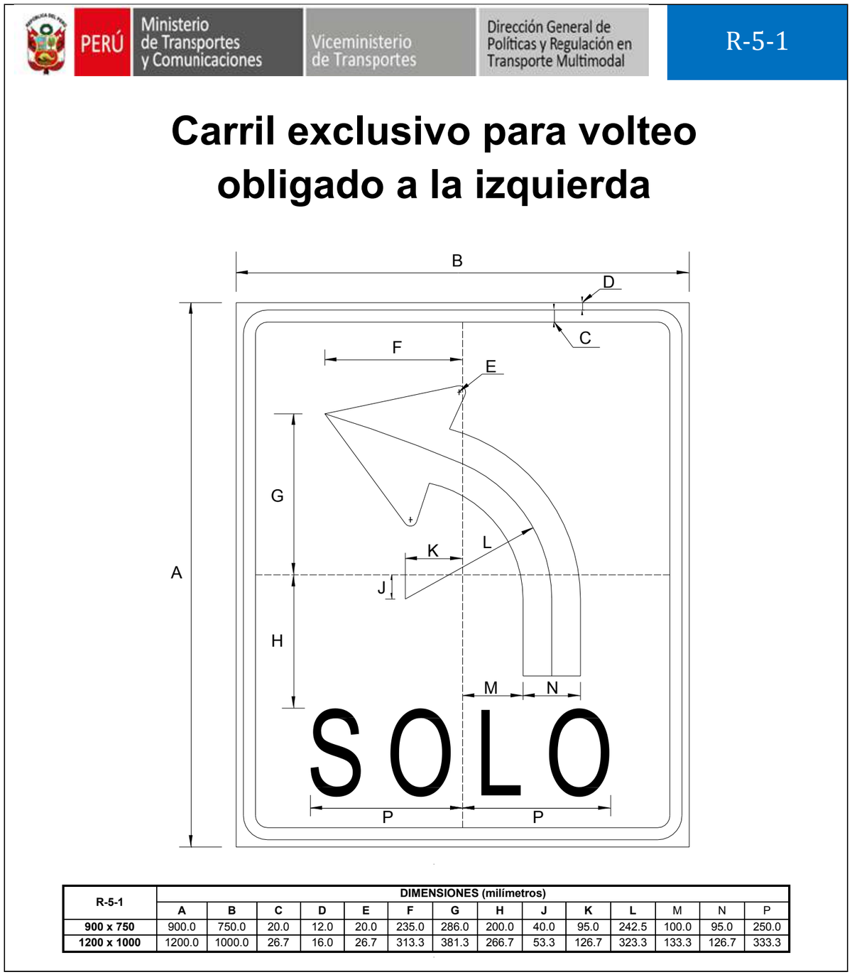 Señal de tránsito Carril exclusivo para volteo obligado la izquierda — R-5-1 — dibujo técnico del manual MTC