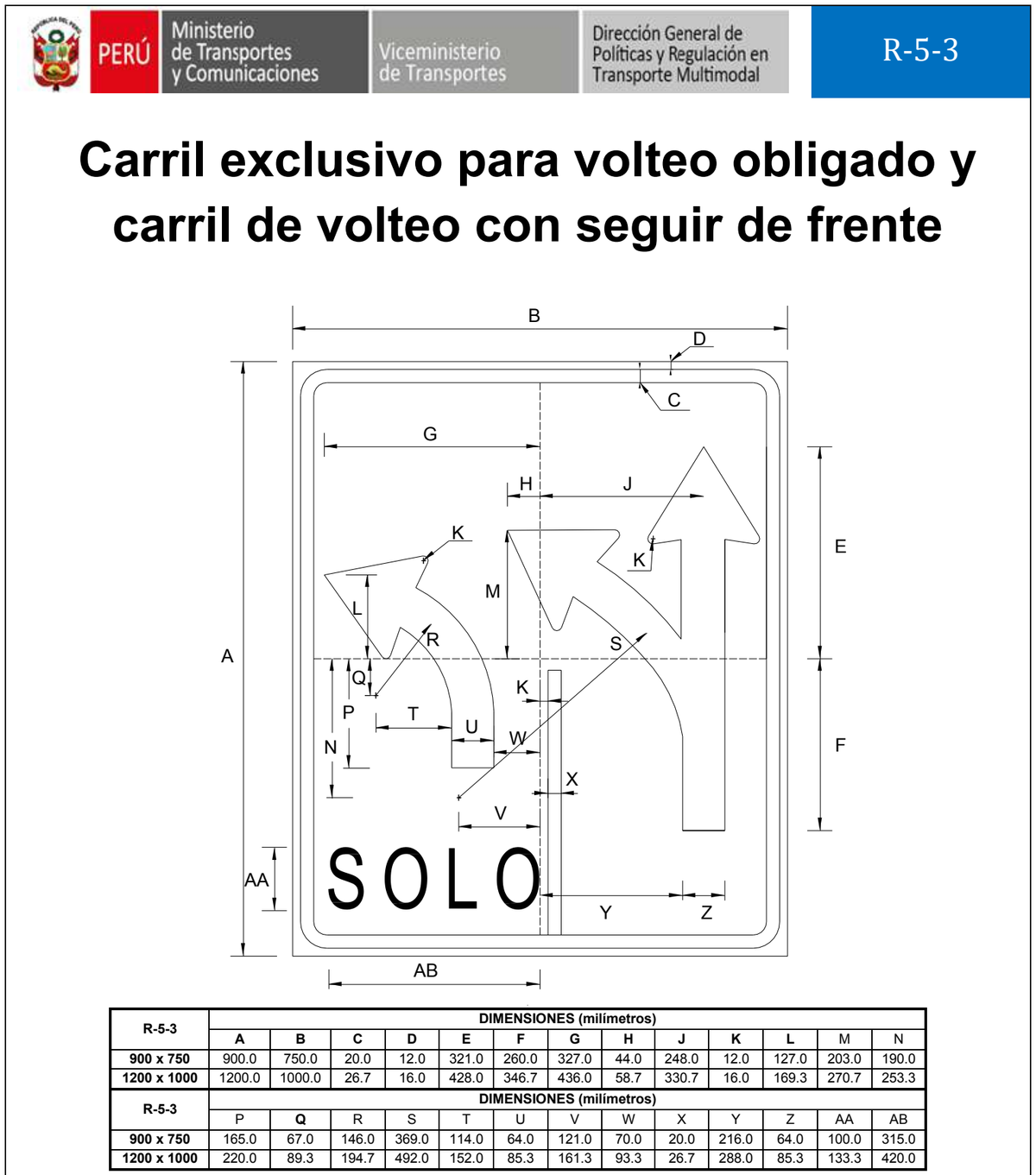 Señal de tránsito Carril exclusivo para volteo obligado carril de volteo con seguir de frente — R-5-3 — dibujo técnico del manual MTC