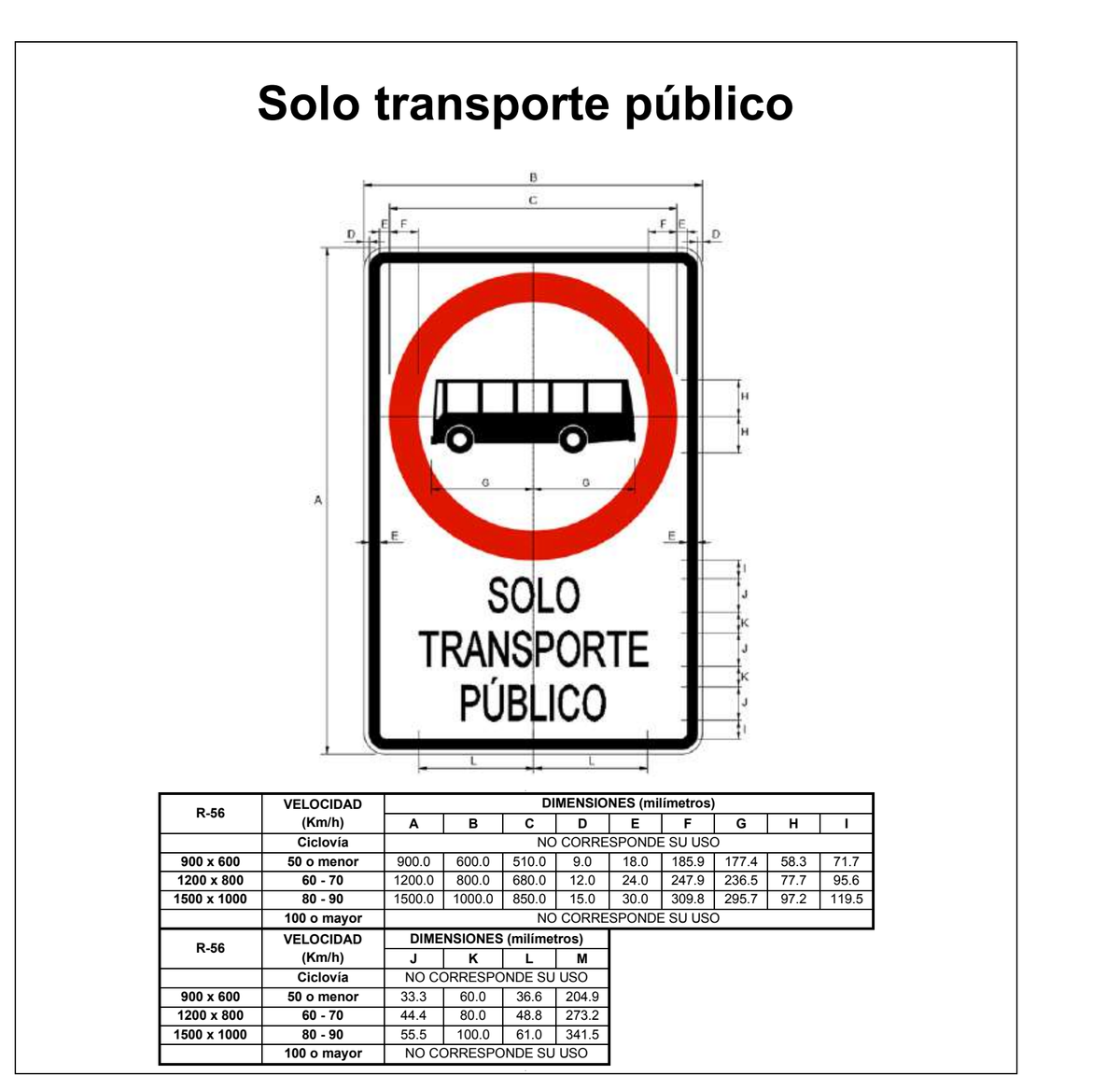 Señal de tránsito Solo transporte público — R-56 — dibujo técnico del manual MTC
