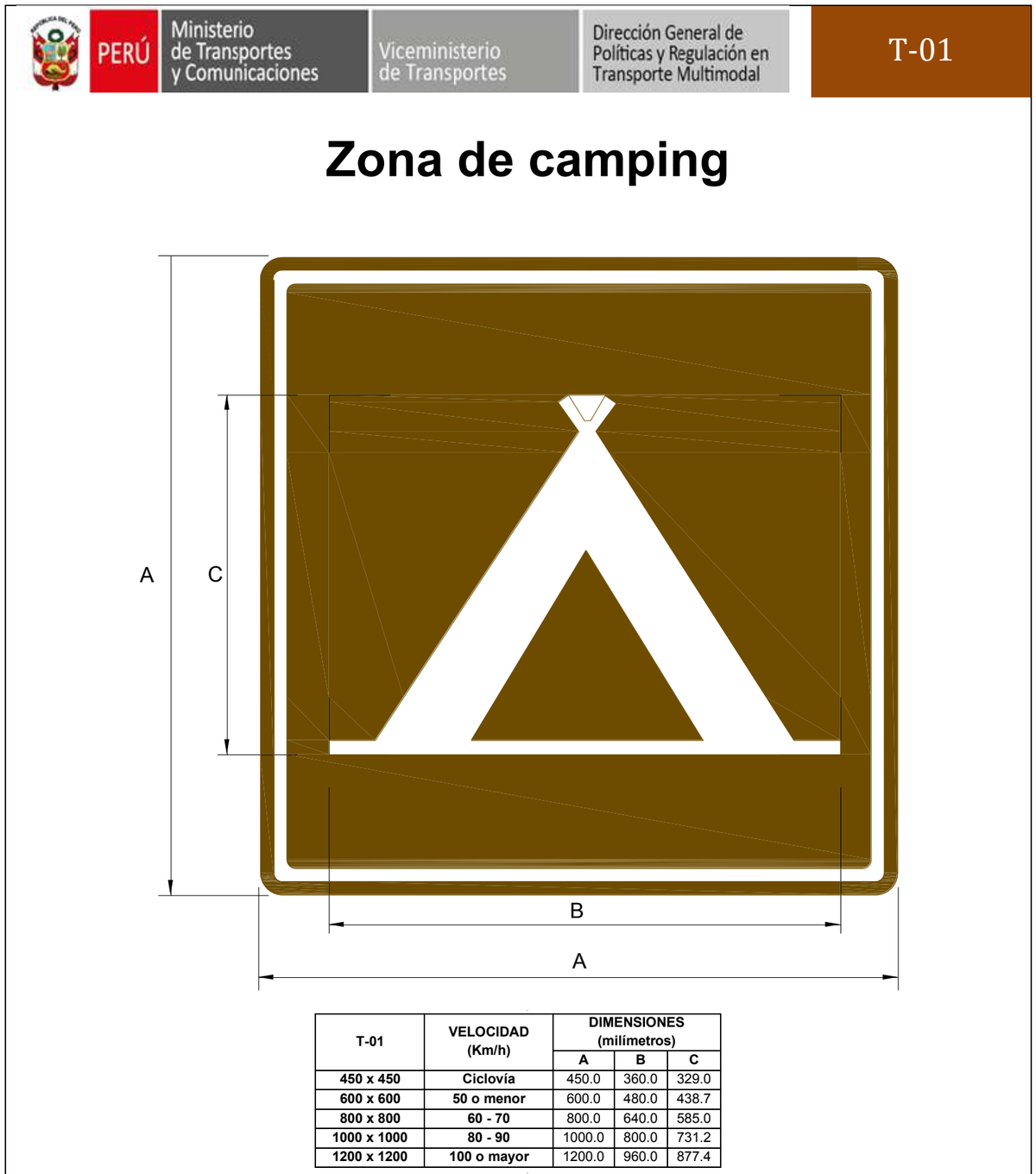 Señal de tránsito Zona de camping — T-01 — dibujo técnico del manual MTC